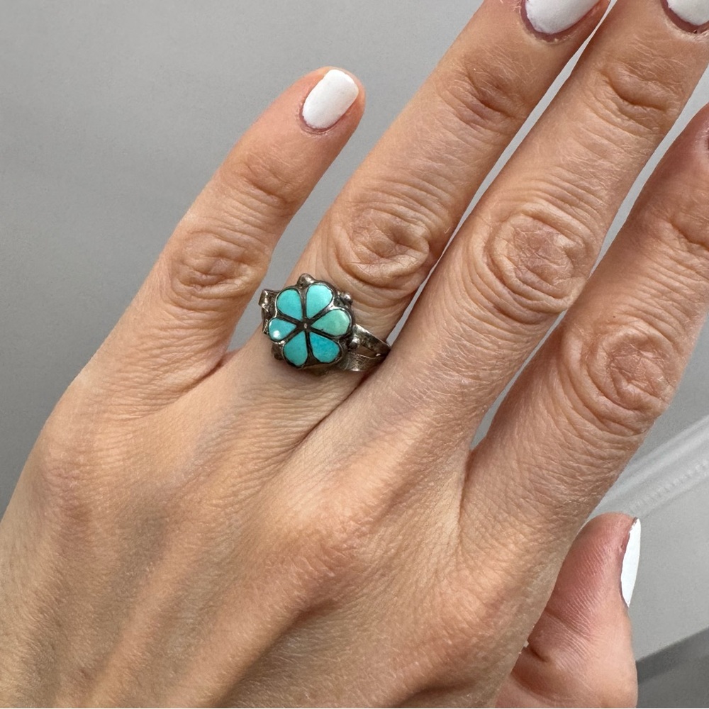 Turquoise Flower Silver Ring - image 2